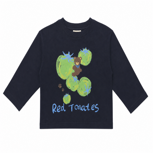 Raypon Red Tomatoes Graphic Long-Sleeve Tee in Navy - front view